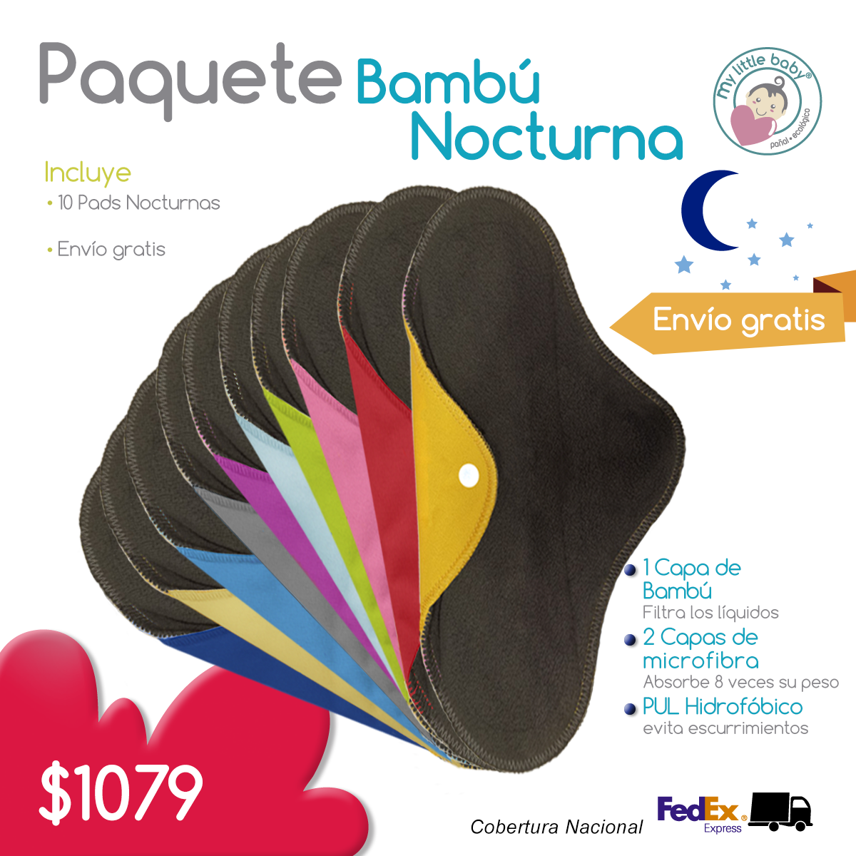 Paquete de 10 pads Nocturnas femeninas de Bambú