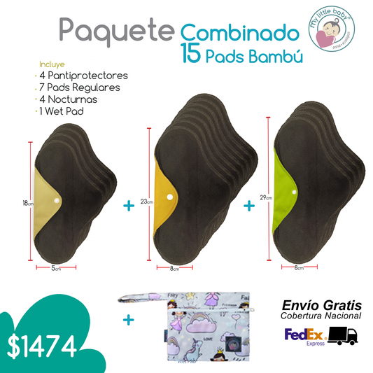 Paquete de 15 pads femeninas de Bambú combinadas + wetpad