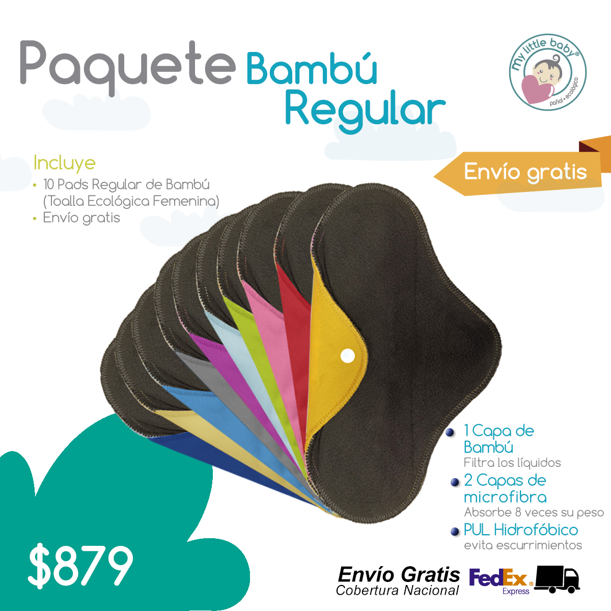Paquete de 10 pads regulares femeninas de Bambú