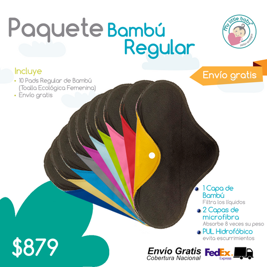 Paquete de 10 pads regulares femeninas de Bambú